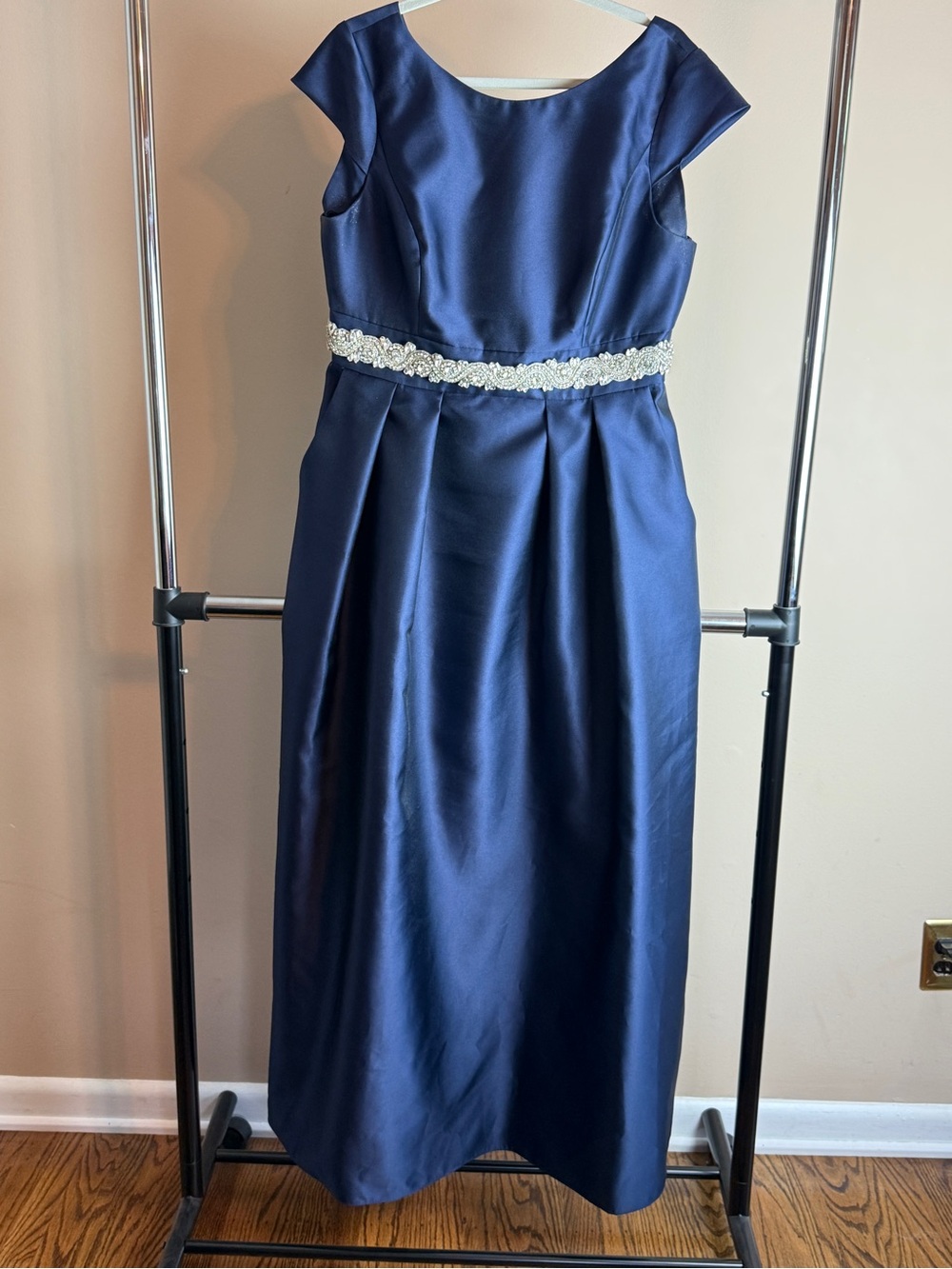 Alfred Sung Midnight Blue Satin A-Line Cap Sleeve Pleated Skirt Dress w/ Pockets - Picture 1 of 14